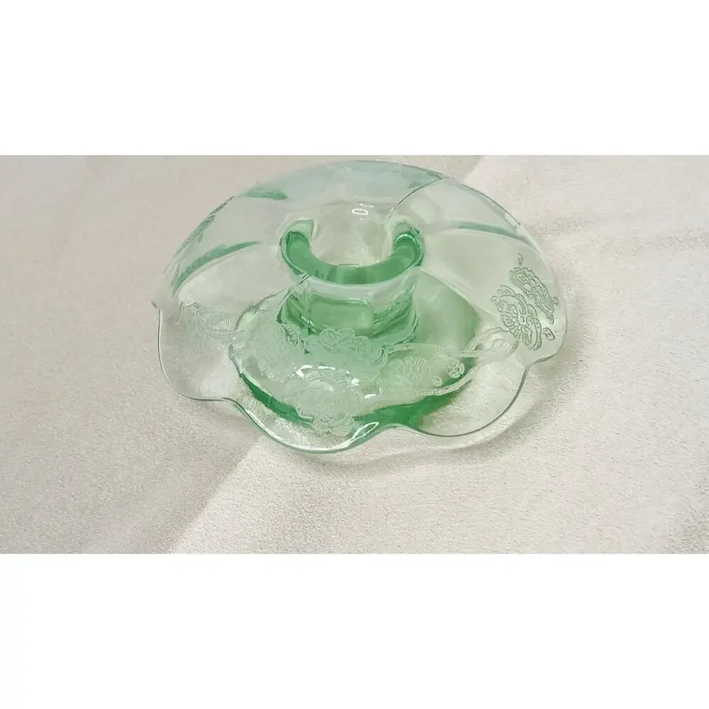 Vintage Paden City Peacock Wild Rose Green Glass Mushroom Candlestick READ